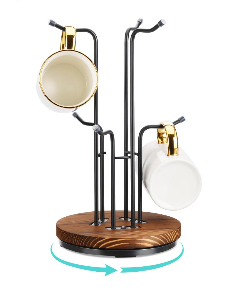 HULISEN 360Â° Rotating Mug Tree for Large Cups, Counter Coffee Mug Holder with 6 Hooks, Metal Coffee Cup Rack Stand for Countertop with Stable Wooden Base, Kitchen Counter Decor - Image 1