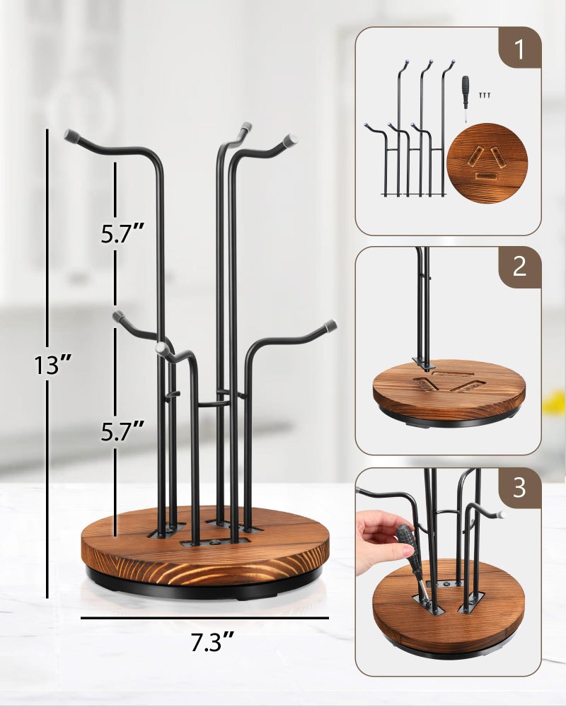 HULISEN 360Â° Rotating Mug Tree for Large Cups, Counter Coffee Mug Holder with 6 Hooks, Metal Coffee Cup Rack Stand for Countertop with Stable Wooden Base, Kitchen Counter Decor - Image 4