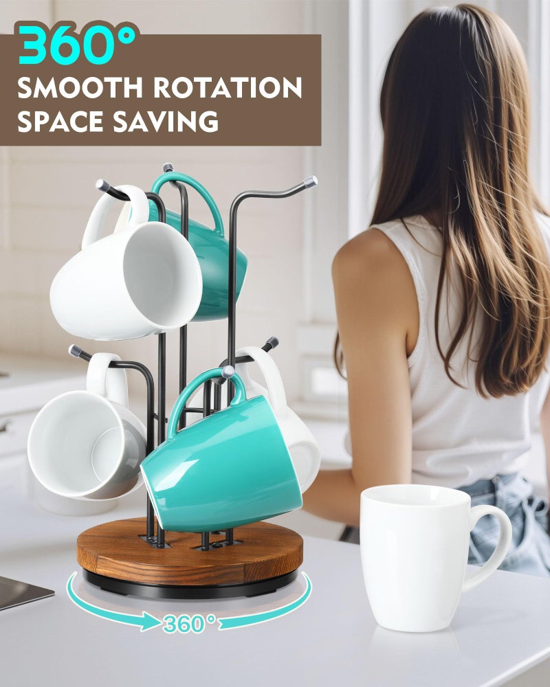 HULISEN 360Â° Rotating Mug Tree for Large Cups, Counter Coffee Mug Holder with 6 Hooks, Metal Coffee Cup Rack Stand for Countertop with Stable Wooden Base, Kitchen Counter Decor - Image 2