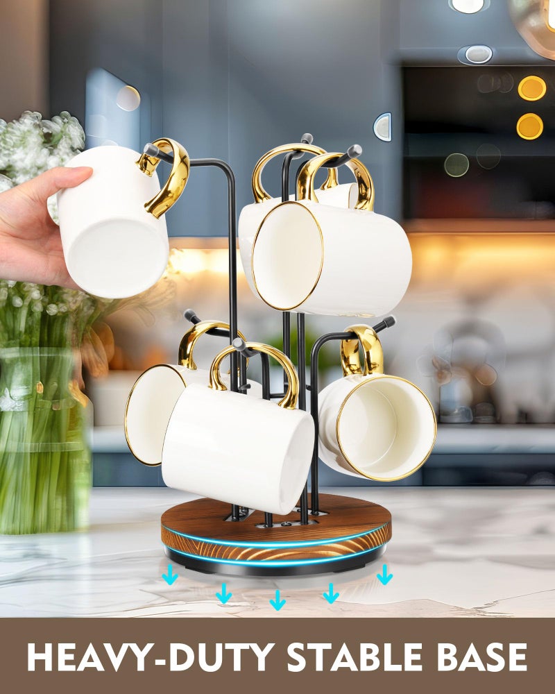 HULISEN 360Â° Rotating Mug Tree for Large Cups, Counter Coffee Mug Holder with 6 Hooks, Metal Coffee Cup Rack Stand for Countertop with Stable Wooden Base, Kitchen Counter Decor - Image 3