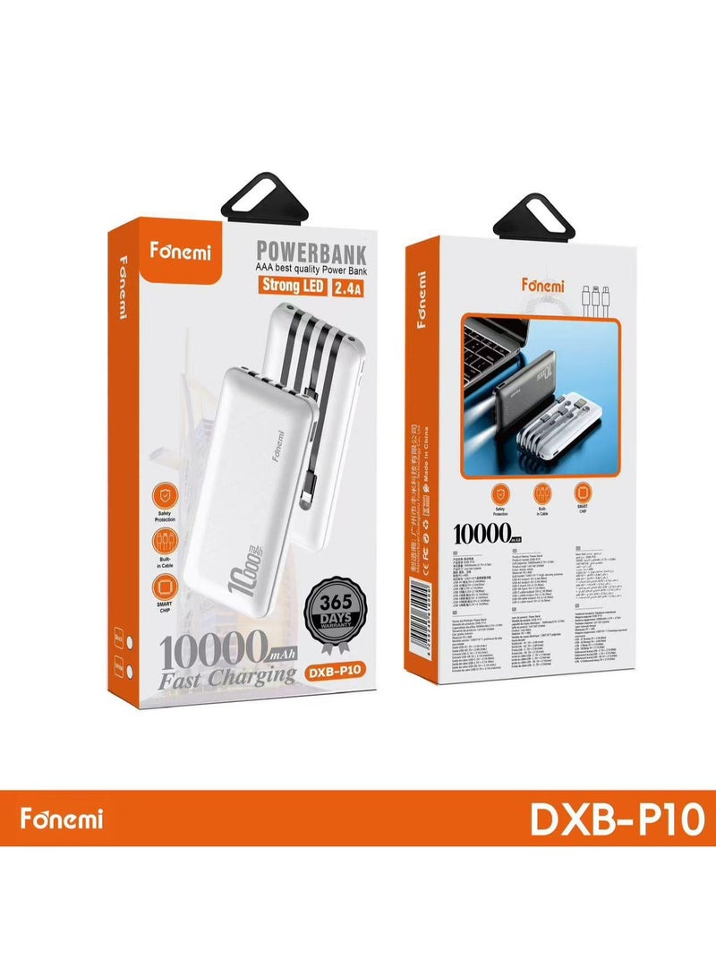 Fonemi DXB-P10 10000mAh Fast Charging Power Bank with Built-in Cables, Strong LED, 2.4A Output, Safety Protection, White, 1 Year Warranty