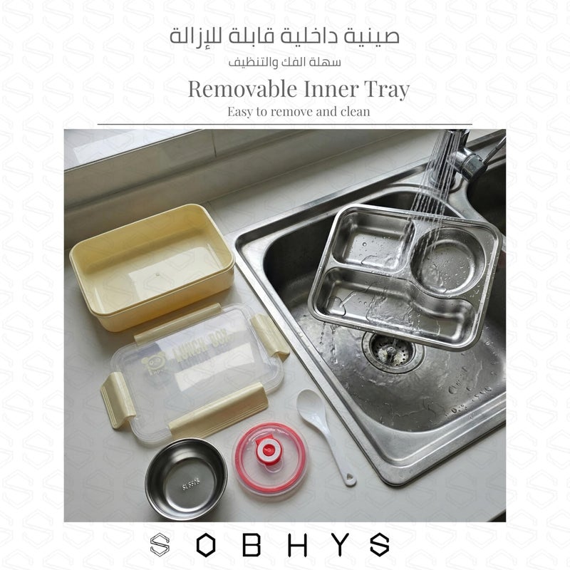 SOBHYS Stainless Steel Lunch Box with Removable Inner Tray, Sauce Container, Spoon, Silicone Seal, 19x14x5 cm, reusable for School, Work & Travel – SOBHYS (Yellow) - Image 5