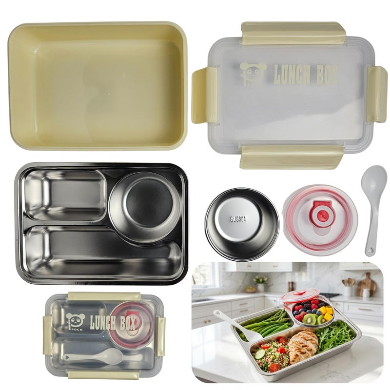 SOBHYS Stainless Steel Lunch Box with Removable Inner Tray, Sauce Container, Spoon, Silicone Seal, 19x14x5 cm, reusable for School, Work & Travel – SOBHYS (Yellow) - Image 1