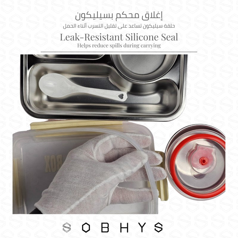 SOBHYS Stainless Steel Lunch Box with Removable Inner Tray, Sauce Container, Spoon, Silicone Seal, 19x14x5 cm, reusable for School, Work & Travel – SOBHYS (Yellow) - Image 4