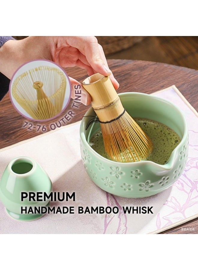 مجموعة خفاقة ماتشا، مجموعة ماتشا مكونة من 7 قطع - وعاء ماتشا سيراميكي مع فوهة، خفاقة وحامل من الخيزران، مغرفة، منخل، منشفة شاي - مجموعة كاملة لحفل شاي ماتشا، لاتيه، هدية مثالية (أخضر) - Image 4