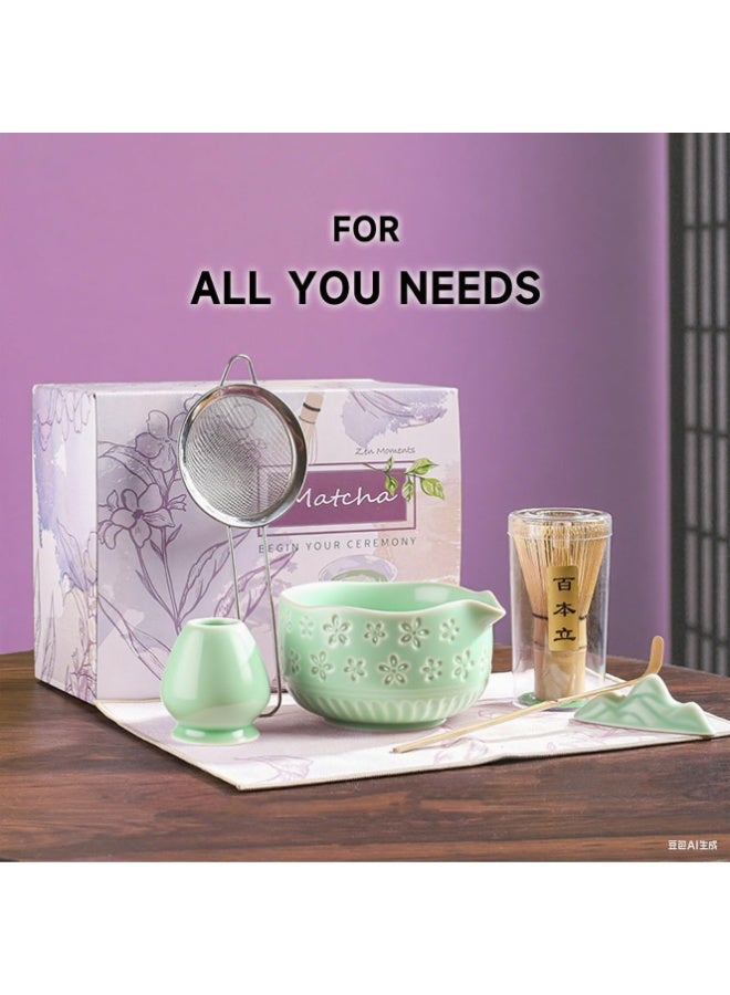 مجموعة خفاقة ماتشا، مجموعة ماتشا مكونة من 7 قطع - وعاء ماتشا سيراميكي مع فوهة، خفاقة وحامل من الخيزران، مغرفة، منخل، منشفة شاي - مجموعة كاملة لحفل شاي ماتشا، لاتيه، هدية مثالية (أخضر) - Image 3