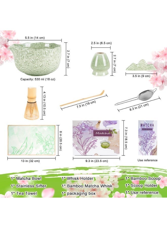 مجموعة خفاقة ماتشا، مجموعة ماتشا مكونة من 7 قطع - وعاء ماتشا سيراميكي مع فوهة، خفاقة وحامل من الخيزران، مغرفة، منخل، منشفة شاي - مجموعة كاملة لحفل شاي ماتشا، لاتيه، هدية مثالية (أخضر) - Image 2