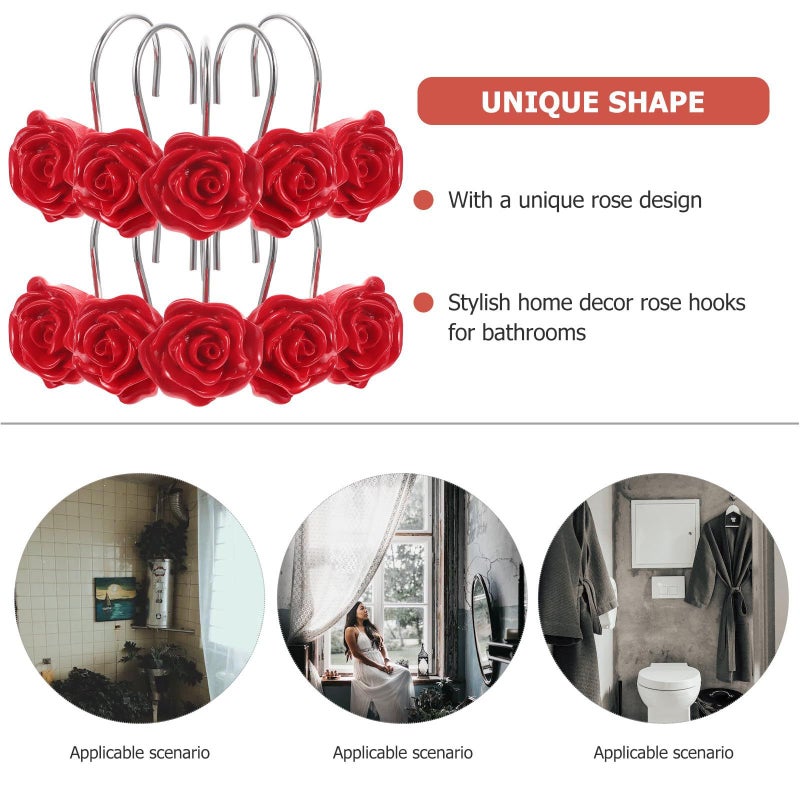 Kichvoe 12 Pack Stainless Steel Rose Shaped Shower Curtain Hooks For Shower Curtains Bathroom Decor Red - Image 4