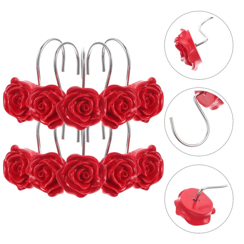 Kichvoe 12 Pack Stainless Steel Rose Shaped Shower Curtain Hooks For Shower Curtains Bathroom Decor Red - Image 5