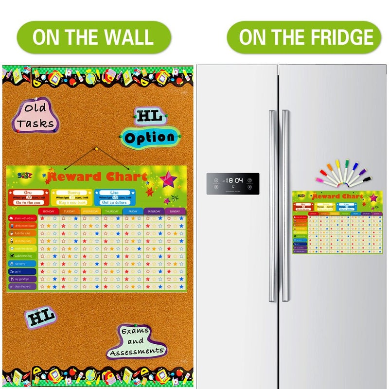 SpriteGru Magnetic Reward Behavior Star Chore Chart for One or Multiple Kids, Includes 8 Markers + 60 Foam Backing Illustrated Chores + 300 Stars in Red, Yellow, Blue. X- Large 17X12 inch. Hanging Loop READY! - Image 4