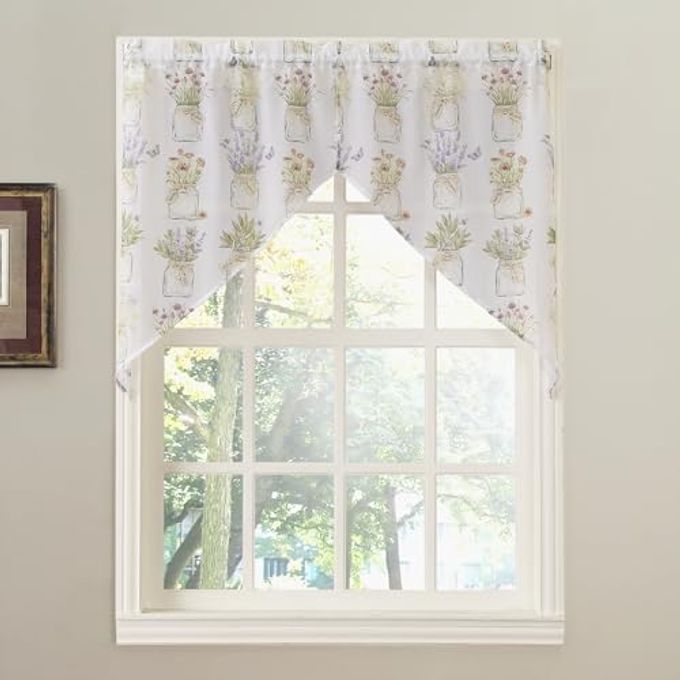 No. 918 Eve's Garden Semi-Sheer Rod Pocket Kitchen Curtain Tier Pair, 54" x 38", White - Image 1