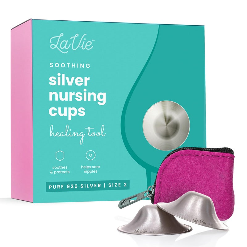 Lavie أكواب الرضاعة الفضية LaVie™ للرضاعة الطبيعية، حماية مهدئة لحلمات الرضاعة للمواليد الجدد، تخفيف طبيعي للأمهات المرضعات، أغطية حلمات فضية 925 طبيعية (الحجم 2) - Image 1