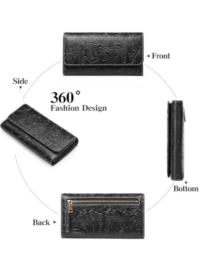 Luckam Wallet for Women, Vegan Leather RFID Blocking Trifold Card Holder, Large Capacity Long Clutch with ID Window, Secure Credit Card Organizer for Everyday Use, Embossed Flower, Black - Image 5