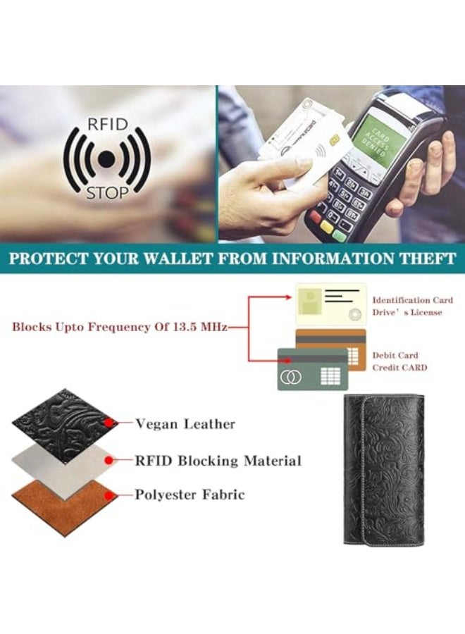 Luckam Wallet for Women, Vegan Leather RFID Blocking Trifold Card Holder, Large Capacity Long Clutch with ID Window, Secure Credit Card Organizer for Everyday Use, Embossed Flower, Black - Image 3