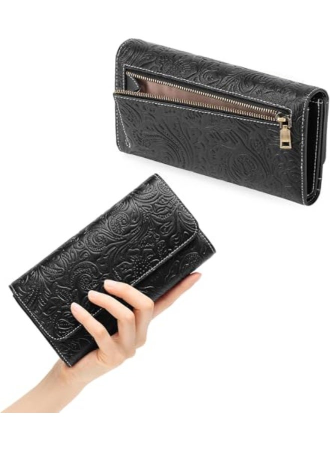 Luckam Wallet for Women, Vegan Leather RFID Blocking Trifold Card Holder, Large Capacity Long Clutch with ID Window, Secure Credit Card Organizer for Everyday Use, Embossed Flower, Black - Image 4