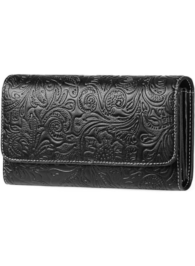 Luckam Wallet for Women, Vegan Leather RFID Blocking Trifold Card Holder, Large Capacity Long Clutch with ID Window, Secure Credit Card Organizer for Everyday Use, Embossed Flower, Black - Image 1