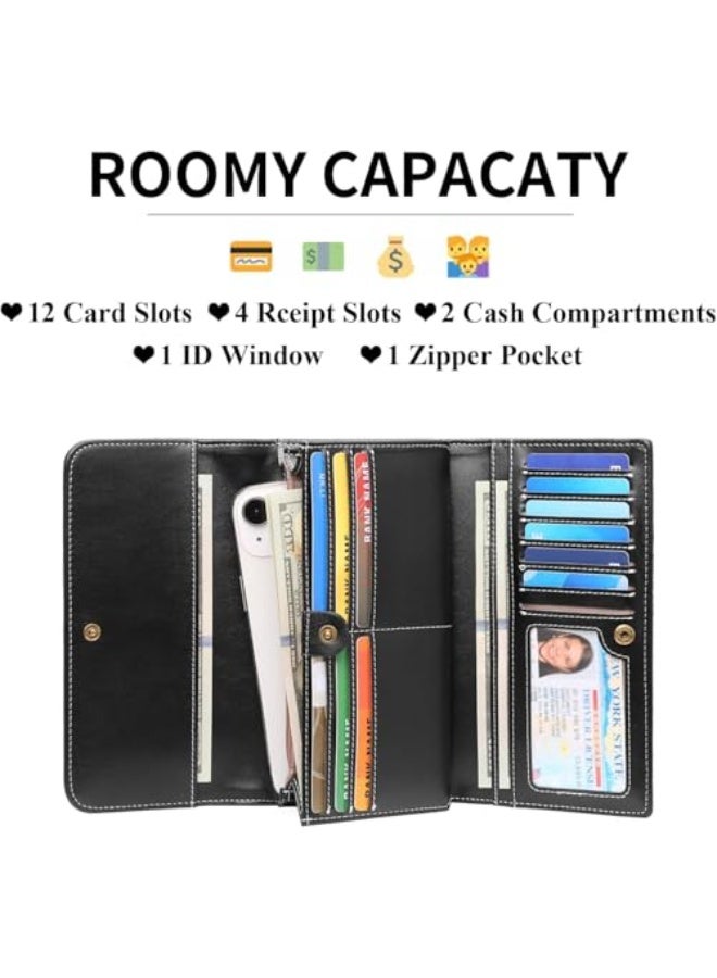 Luckam Wallet for Women, Vegan Leather RFID Blocking Trifold Card Holder, Large Capacity Long Clutch with ID Window, Secure Credit Card Organizer for Everyday Use, Embossed Flower, Black - Image 2