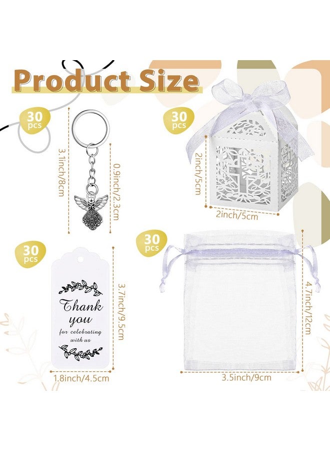Bonuci 120 Pieces Baptism Party Favors Angel Keychain Pendant First Communion Party Boxes White Organza Bags with Drawstring Thank You Tags for Guests Baby Shower, 30 Sets - Image 2