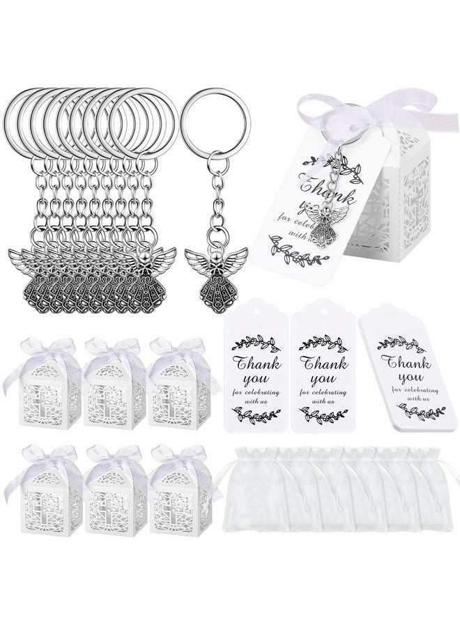 Bonuci 120 Pieces Baptism Party Favors Angel Keychain Pendant First Communion Party Boxes White Organza Bags with Drawstring Thank You Tags for Guests Baby Shower, 30 Sets - Image 1