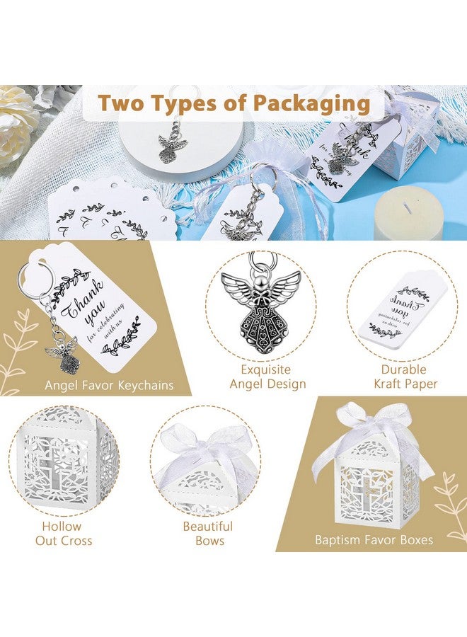 Bonuci 120 Pieces Baptism Party Favors Angel Keychain Pendant First Communion Party Boxes White Organza Bags with Drawstring Thank You Tags for Guests Baby Shower, 30 Sets - Image 3