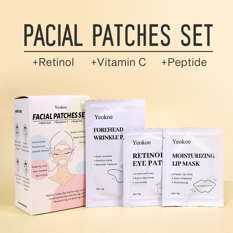 Yeokoe Forehead Wrinkle Patches,Under Eye Patches and Lip Mask 30 PCS. Face Masks Skincare With Retinol Serum For Anti-aging Puffy Eyes and Dark Circles - Image 3