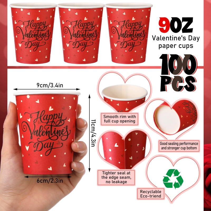 Uiifan 100 Pcs 9 oz Valentine's Day Paper Cups Heart Disposable Red Coffee Drinking Tea Paper Cups for Holiday Anniversary Dinner Valentine's Day Party Supplies - Image 3