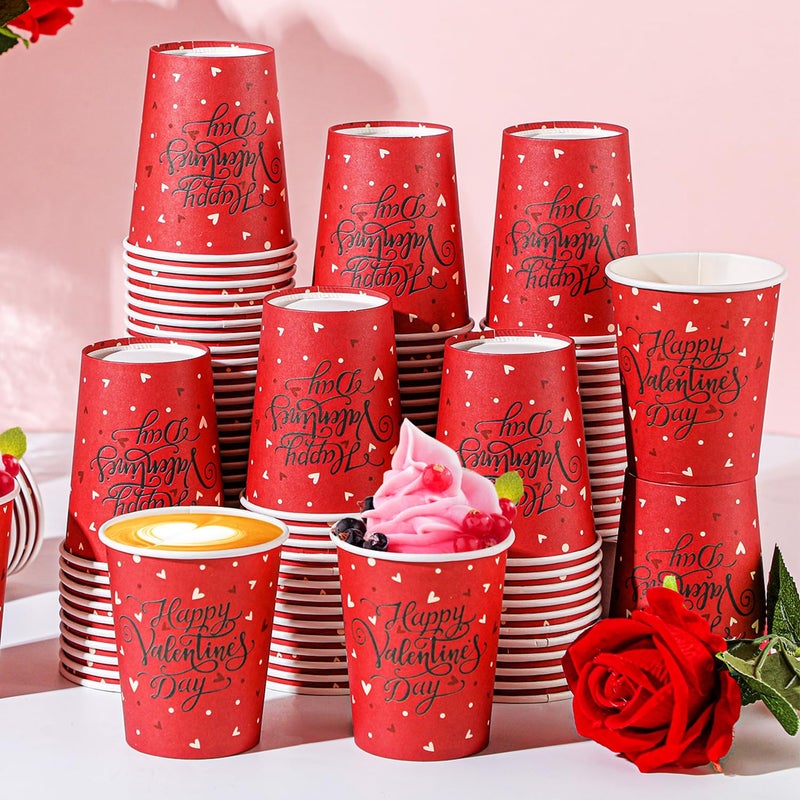 Uiifan 100 Pcs 9 oz Valentine's Day Paper Cups Heart Disposable Red Coffee Drinking Tea Paper Cups for Holiday Anniversary Dinner Valentine's Day Party Supplies - Image 1