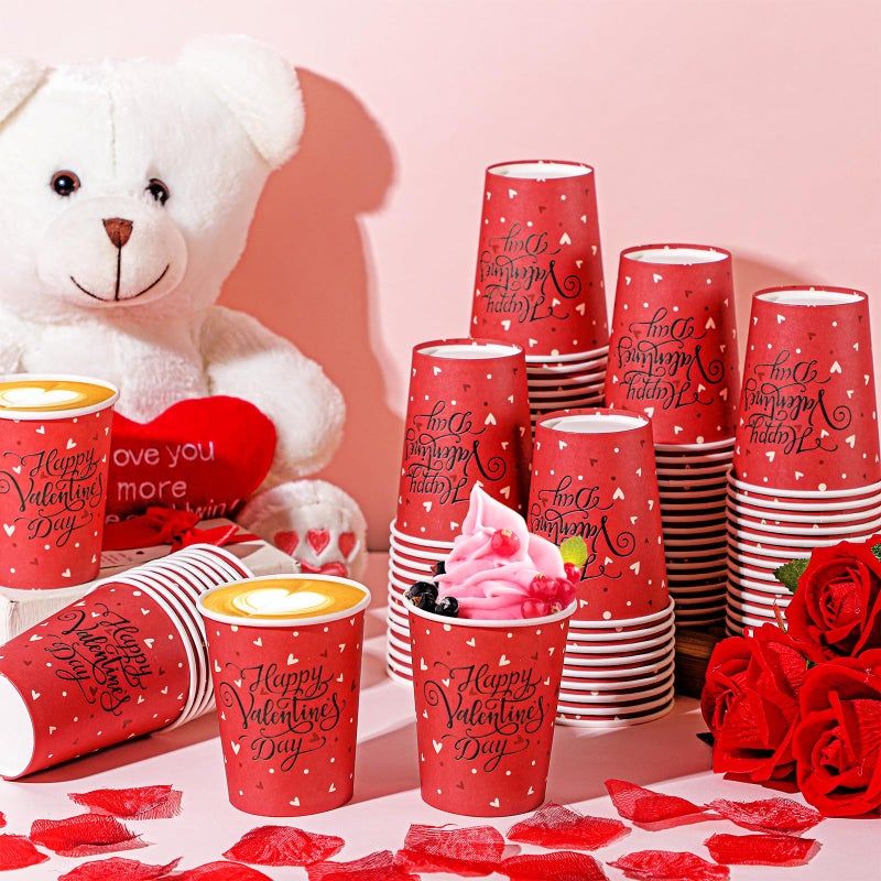 Uiifan 100 Pcs 9 oz Valentine's Day Paper Cups Heart Disposable Red Coffee Drinking Tea Paper Cups for Holiday Anniversary Dinner Valentine's Day Party Supplies - Image 2