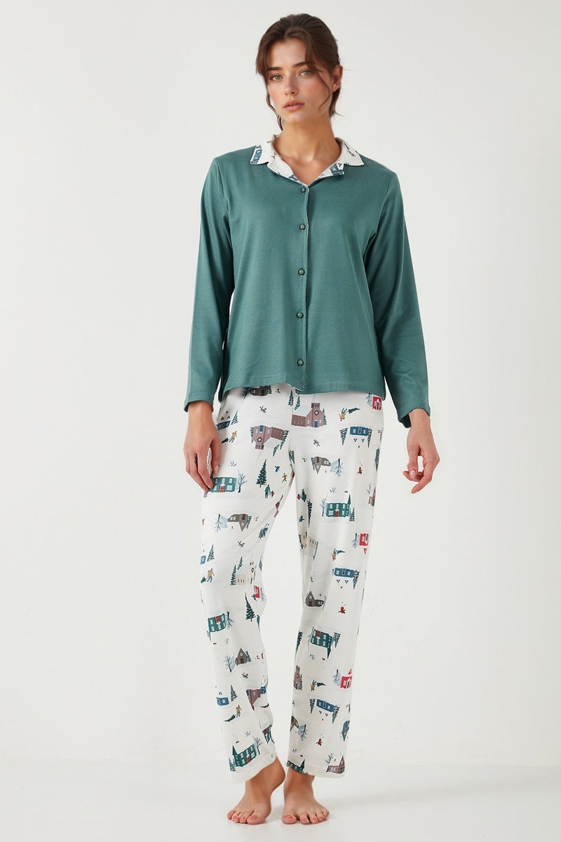 ليلا طقم بيجامة نسائي بقصة واسعة وخصر مطاطي وياقة مفتوحة بنقوش - PAJAMAS SET 65714300  - Image 2