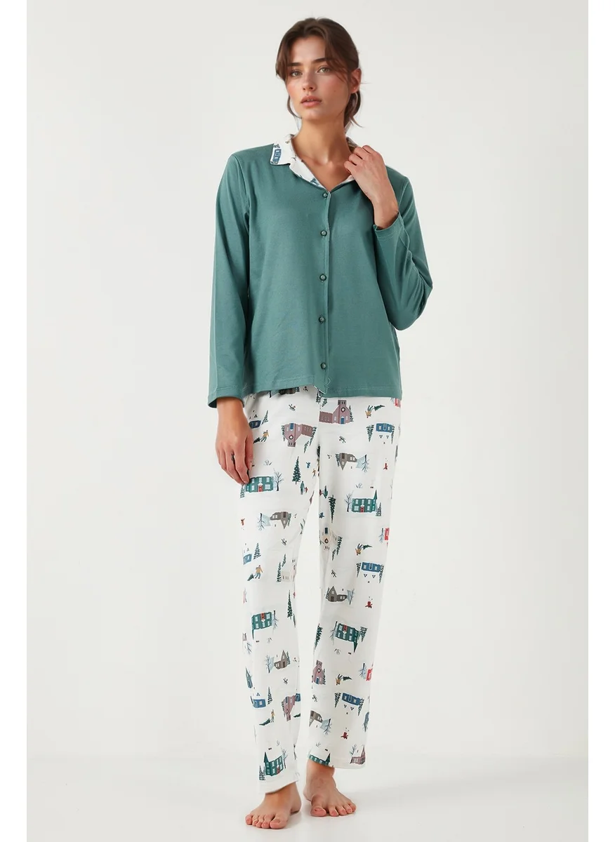 Lela Patterned Regular Fit Open Collar Elastic Waist Wide Leg Pajama Set Women's PAJAMAS SET 65714300