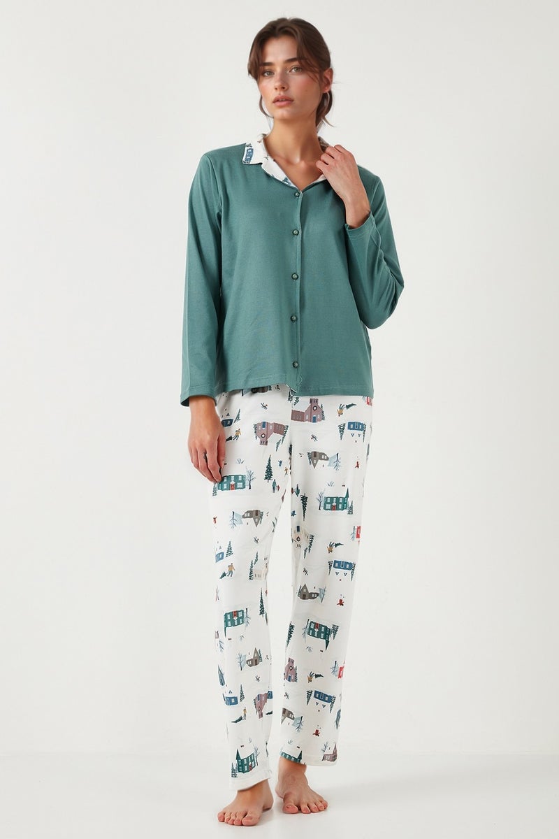 ليلا طقم بيجامة نسائي بقصة واسعة وخصر مطاطي وياقة مفتوحة بنقوش - PAJAMAS SET 65714300  - Image 4