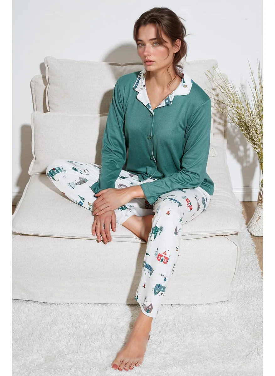 Lela Patterned Regular Fit Open Collar Elastic Waist Wide Leg Pajama Set Women's PAJAMAS SET 65714300