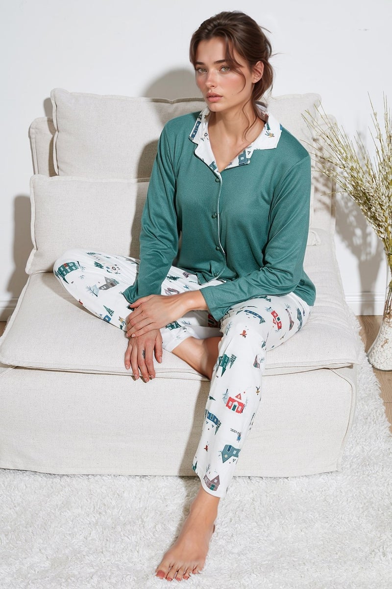 ليلا طقم بيجامة نسائي بقصة واسعة وخصر مطاطي وياقة مفتوحة بنقوش - PAJAMAS SET 65714300  - Image 1