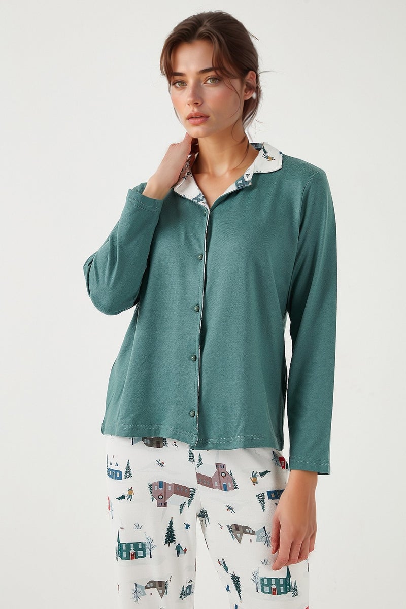 ليلا طقم بيجامة نسائي بقصة واسعة وخصر مطاطي وياقة مفتوحة بنقوش - PAJAMAS SET 65714300  - Image 5