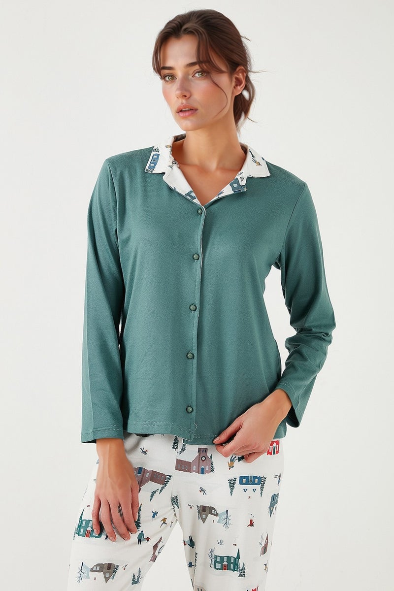 ليلا طقم بيجامة نسائي بقصة واسعة وخصر مطاطي وياقة مفتوحة بنقوش - PAJAMAS SET 65714300  - Image 3