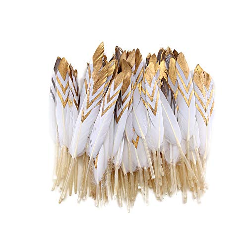 Sowder 50pcs Colorful Gold Goose Feathers 4-6inch(10-15cm) for Art Craft Party Decoration Clothing Accessories Duck Feather(White&Gold) - Image 1