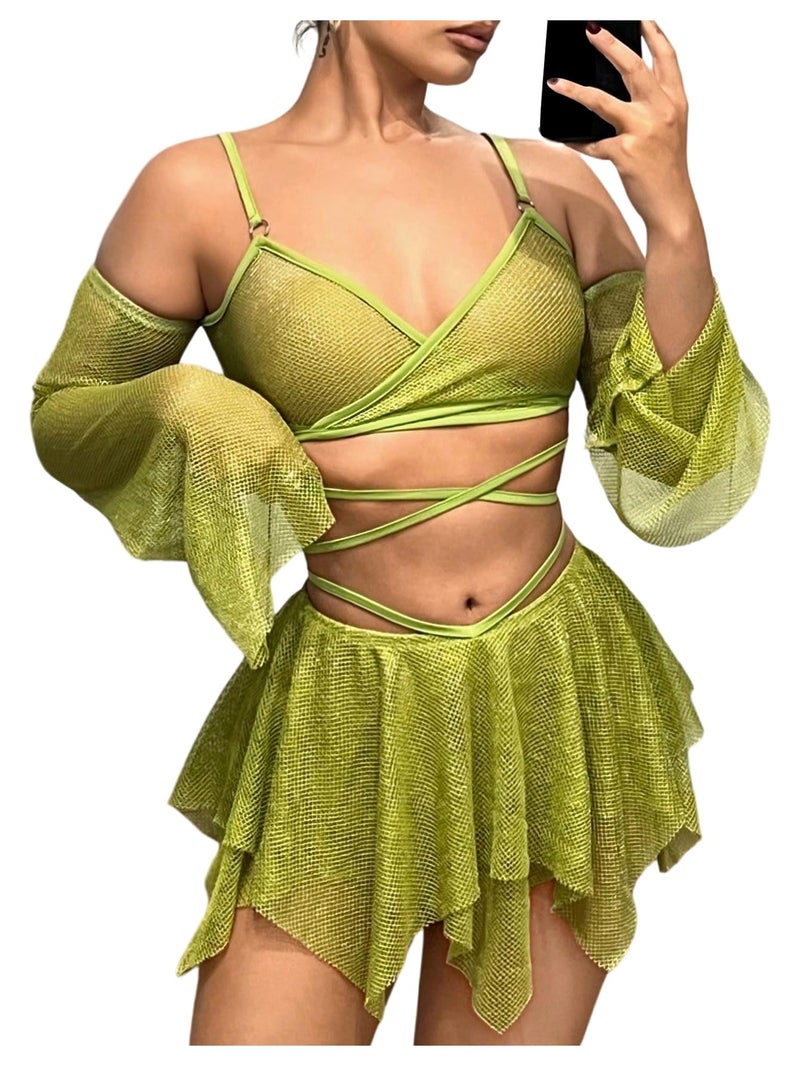 OYOANGLE Women's 2 Piece Mesh Sheer Criss Cross Crop Top and Asymmetrical Mini Skirt Party Rave Outfits Green Small - Image 1