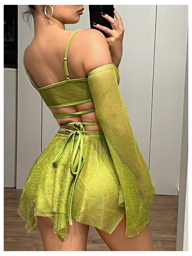 OYOANGLE Women's 2 Piece Mesh Sheer Criss Cross Crop Top and Asymmetrical Mini Skirt Party Rave Outfits Green Small - Image 3