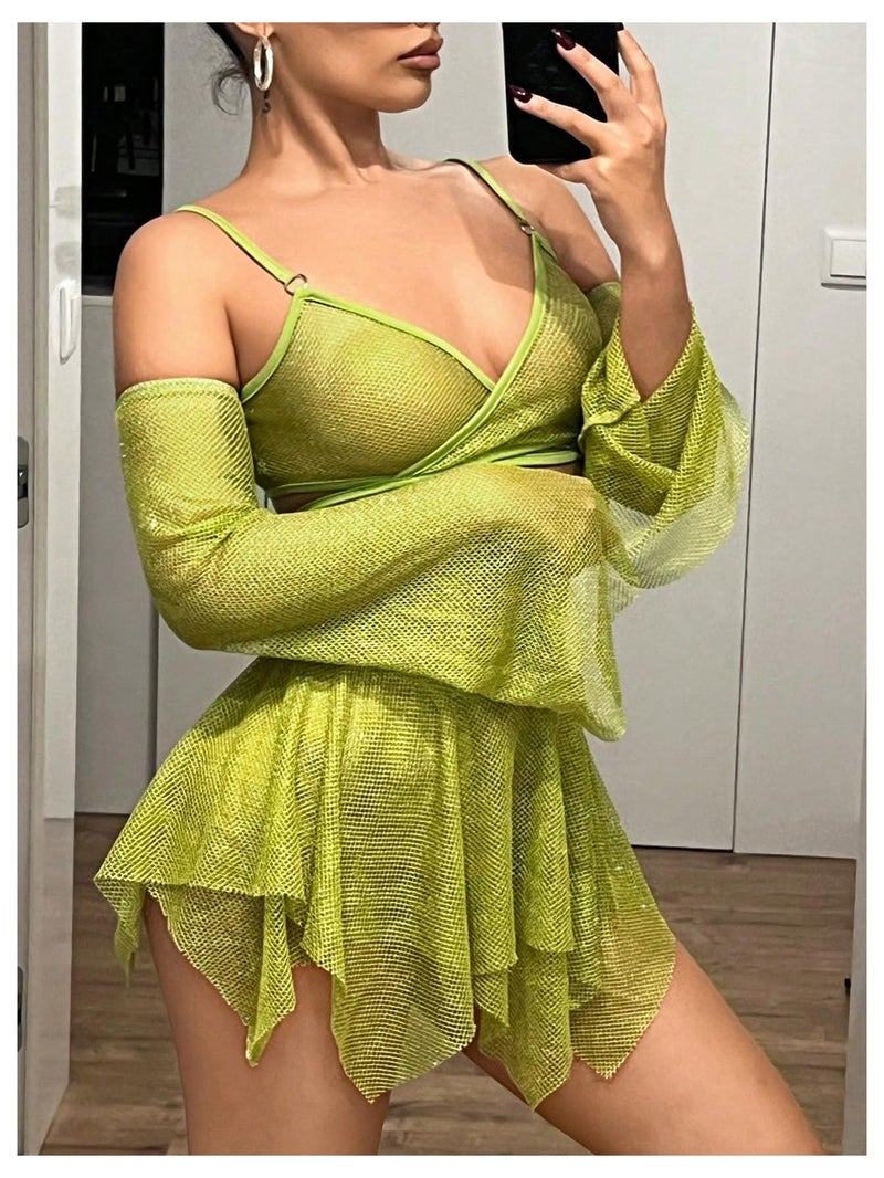 OYOANGLE Women's 2 Piece Mesh Sheer Criss Cross Crop Top and Asymmetrical Mini Skirt Party Rave Outfits Green Small - Image 4