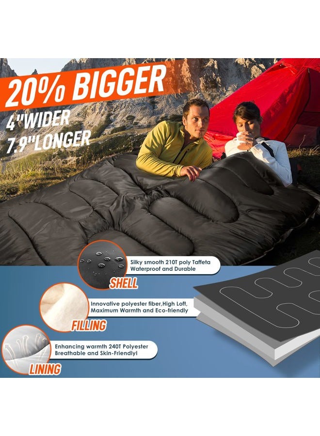 Mereza Double Sleeping Bag for Adults Mens with Pillow, XL Queen Size Two Person Sleeping Bag for All Season Camping Hiking Backpacking for Cold Weather & Warm Black - Image 3