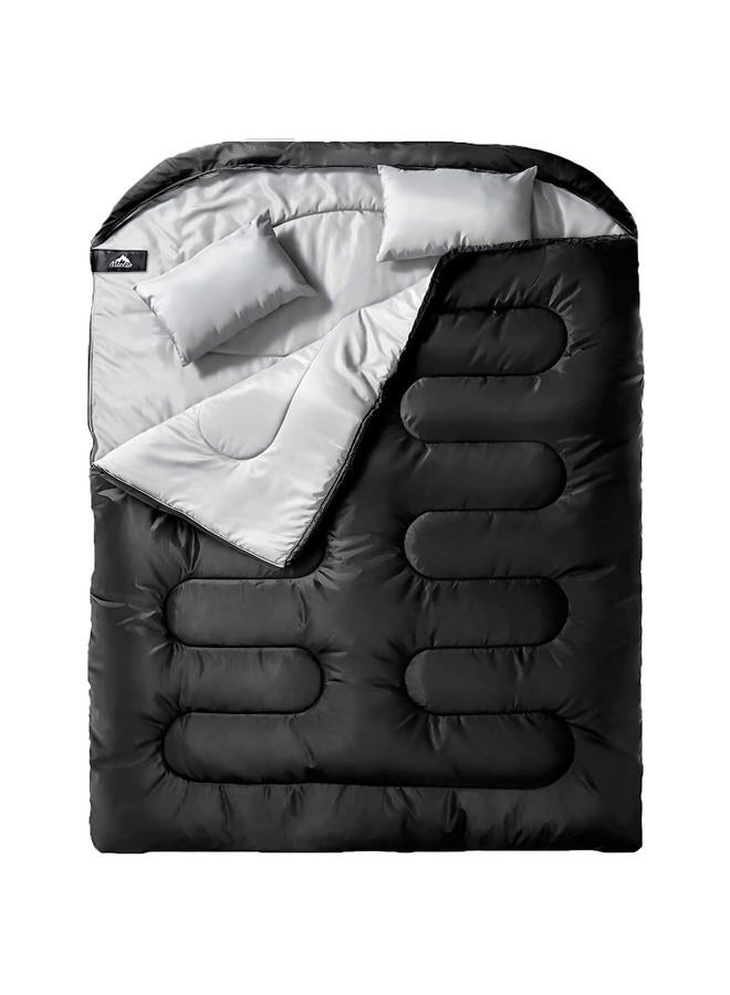 Mereza Double Sleeping Bag for Adults Mens with Pillow, XL Queen Size Two Person Sleeping Bag for All Season Camping Hiking Backpacking for Cold Weather & Warm Black - Image 1