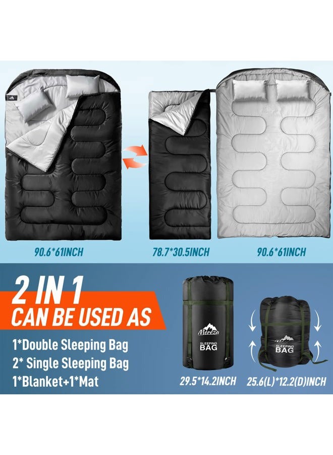 Mereza Double Sleeping Bag for Adults Mens with Pillow, XL Queen Size Two Person Sleeping Bag for All Season Camping Hiking Backpacking for Cold Weather & Warm Black - Image 5