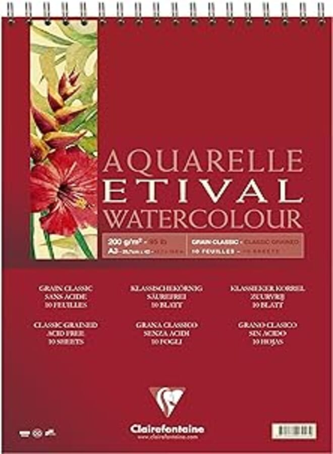 Clairefontaine كليرفونتين - مرجع 96385C - لوحة الرسم والرسم بالألوان المائية Etival Classic Grained Wirebound (10 أوراق من الورق) - A3 (42 × 29.7 سم) - ورق فني من السليلوز 200 جرام لكل متر مربع
