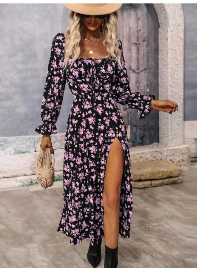 Generic - European And American Women's Clothing Autumn Independent Station Printing Long Sleeve Square Collar Split Dress - Image 1