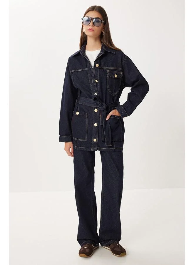 Lovely Istanbul Gold-Button Belted Denim Jacket and Pants Set LRI0010 Dark Blue.