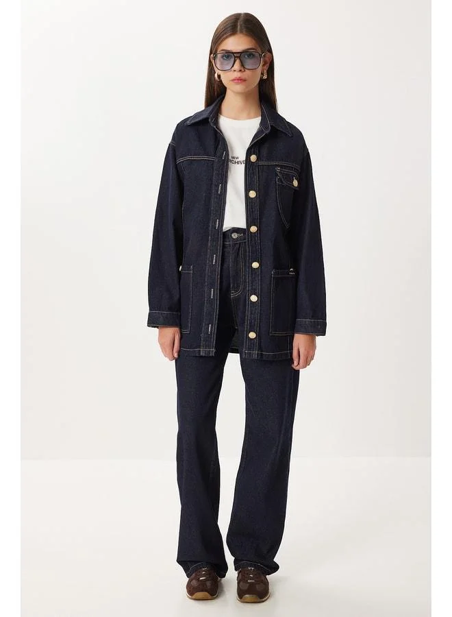 Lovely Istanbul Gold-Button Belted Denim Jacket and Pants Set LRI0010 Dark Blue.
