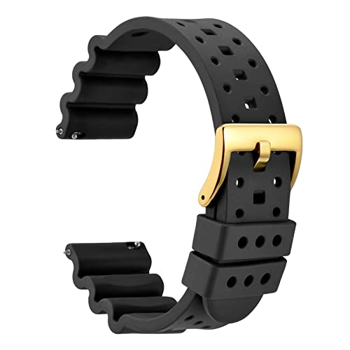 WOCCI 20mm Ventilated Watch Band for Men FKM Rubber Gold Buckle Black - Image 1