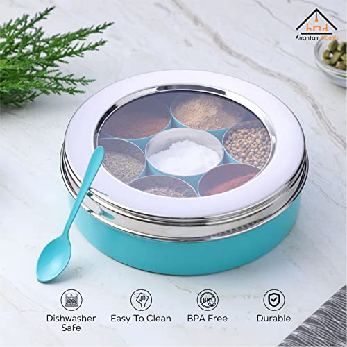 anantam homes Stainless Steel Masaladani|Spice Box For Kitchen|Masala Dani With See Through Lid With 7 Containers And A Small Spoon -Aqua, Blue - Image 4