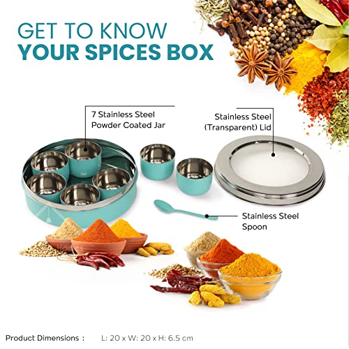 anantam homes Stainless Steel Masaladani|Spice Box For Kitchen|Masala Dani With See Through Lid With 7 Containers And A Small Spoon -Aqua, Blue - Image 2