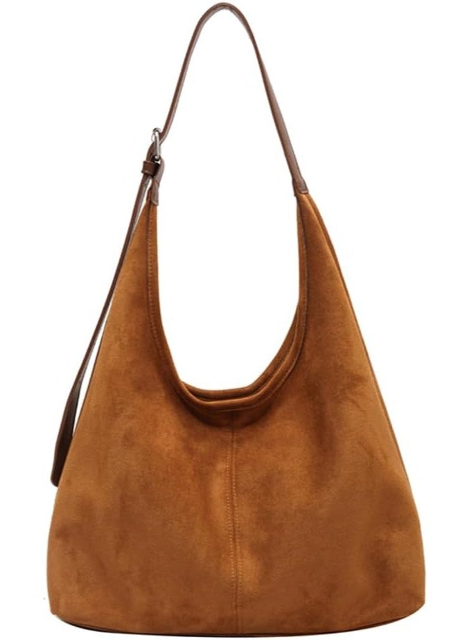 Arabest Brown Suede Tote Bag for Women | Casual Shoulder Bag – Large Capacity Suede Handbag for Work, Shopping & Daily Use | Retro Stylish Tote with Zipper Closure - Image 1
